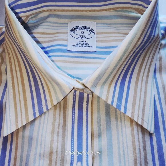 Brooks Brothers Blue Multi‎ Stripe Classic Academia Fitted No-Iron Shirt Sz 12 - Picture 1 of 7